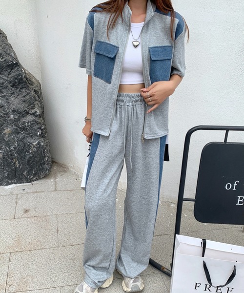 FAVORITO セットアップ スウェット切り替えデニム半袖セットアップ