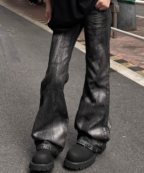 ワイドパンツ ジーンズ MELT BLACKグロスフレアパンツ メンズ
