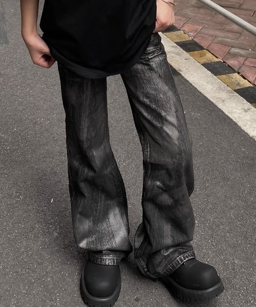ワイドパンツ ジーンズ MELT BLACKグロスフレアパンツ メンズ