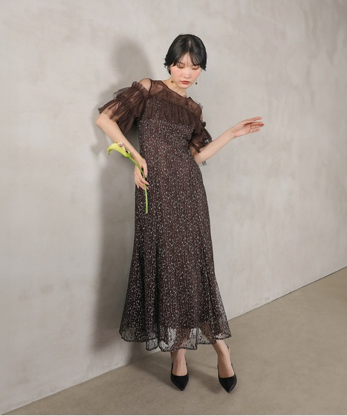 kanaブラウン フリル ロングドレス Kana ドレス ラメチュールレース フリル Aライン ワンピースドレス