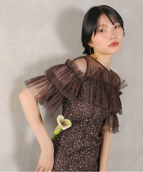 【Kana】フリル付きシースルーパーティードレス Kana ドレス ラメチュールレース フリル Aライン ワンピースドレス