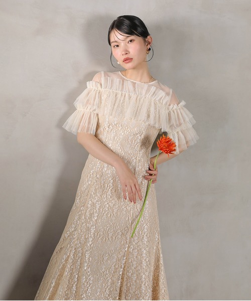 kana フリルドレス　結婚式　M Kana ドレス スパンコール レース チュール フリル Iライン ドレス