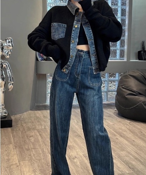 CELENA BEATS デニムジャケット gジャン デニム ドッキング ニット