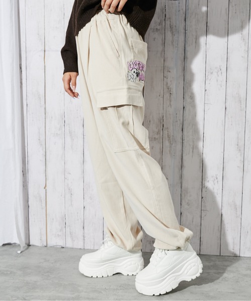 カーゴパンツ 「おばけ刺繍×カーゴ」レディース カルゼパンツ ウエスト