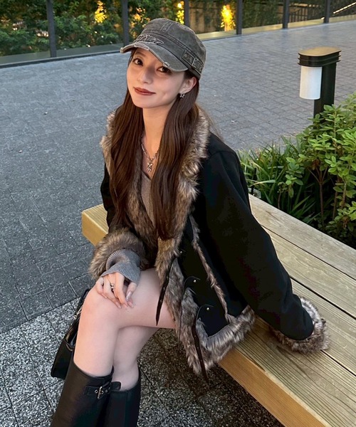 ACLENT アクレント　ファーブルゾン ブラック ポイントレザーニュアンスファーブルゾン｜ACLENT（アクレント）