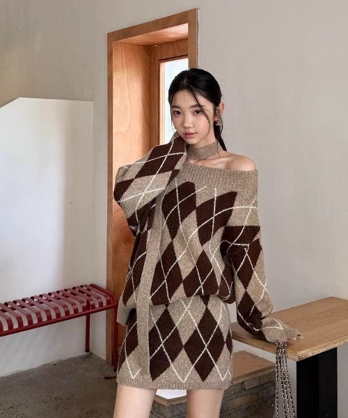 Sibra（シブラ） セットアップ アーガイル柄ニットトップス＆スカート