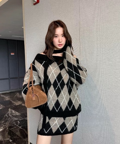 Sibra（シブラ） セットアップ アーガイル柄ニットトップス＆スカート