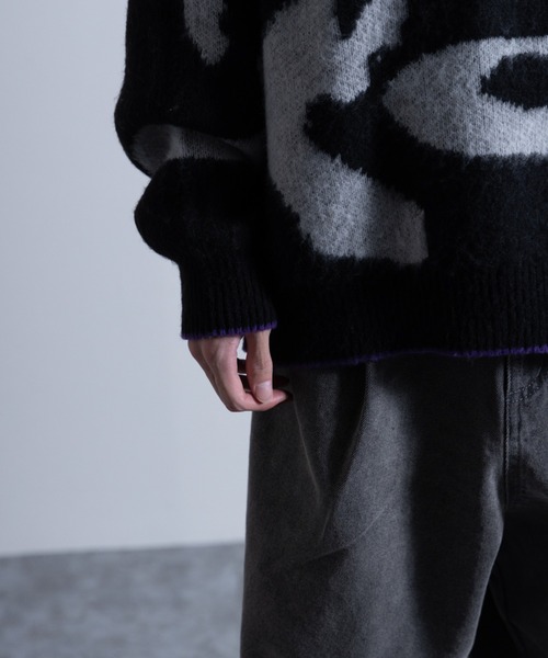 「NYLAUS」 「vintage patina」長袖ニット L ブラック メンズ_画像9