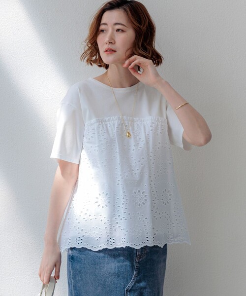 タグ無し新品 musubore ベッド柄 半袖 トップス　カットソー　Tシャツ tシャツ 半袖 カットワークエンブロイダリー スカラップヘム トップス