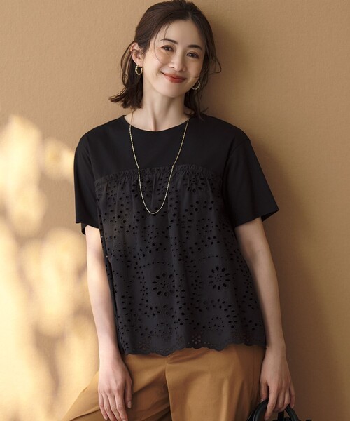 tシャツ 半袖 カットワークエンブロイダリー スカラップヘム トップス