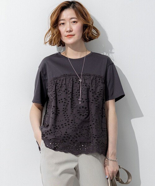 tシャツ 半袖 カットワークエンブロイダリー スカラップヘム トップス