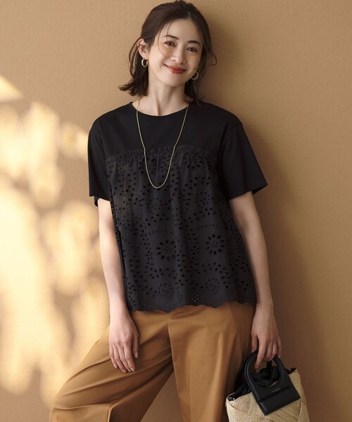 tシャツ 半袖 カットワークエンブロイダリー スカラップヘム トップス