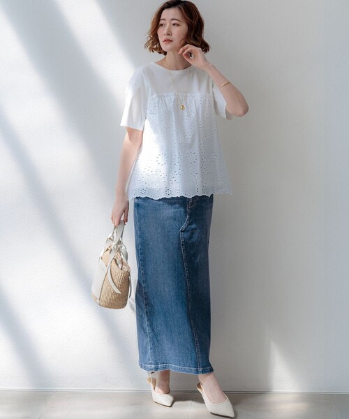 tシャツ 半袖 カットワークエンブロイダリー スカラップヘム トップス
