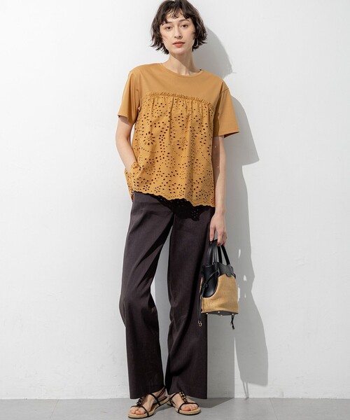 tシャツ 半袖 カットワークエンブロイダリー スカラップヘム トップス