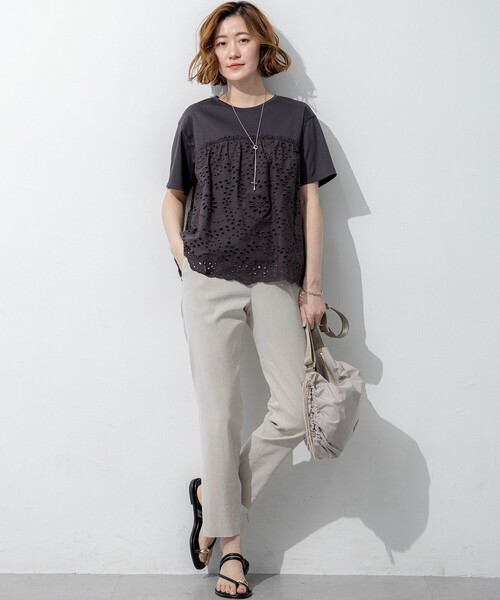 tシャツ 半袖 カットワークエンブロイダリー スカラップヘム トップス