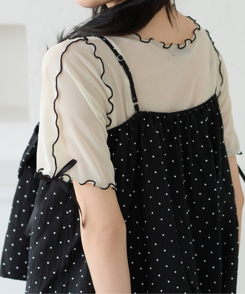美品＊メフウ シアー ポンポン ドット柄 半袖 シャツ 黒 ゆったり 日本製 kutir（クティール） tシャツ 半袖 「新色追加」半袖アソート袖リボン