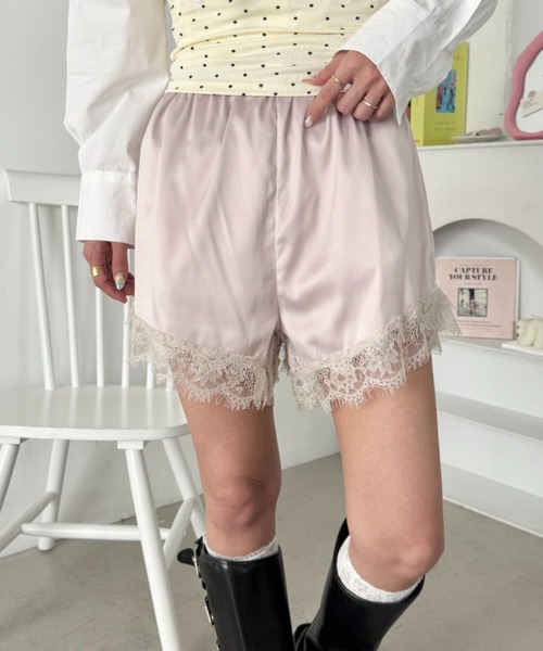 SOLLON.（ソルロン） ワイドパンツ パンツ サテンレースショートパンツ