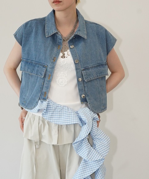 chuclla 【YOUYILIN】 クラッシュウォッシュデニムベスト※完売品 chuclla（チュクラ） ベスト ジレ クロップドデニムベスト chw26s310