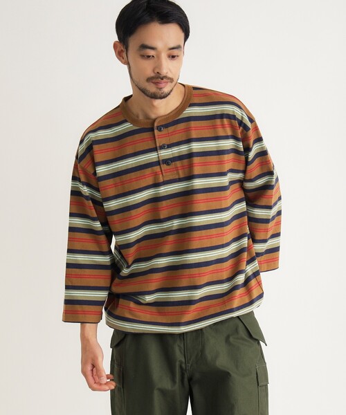 BACK NUMBER ヘンリーネック tシャツ マルチボーダーヘンリーロンT