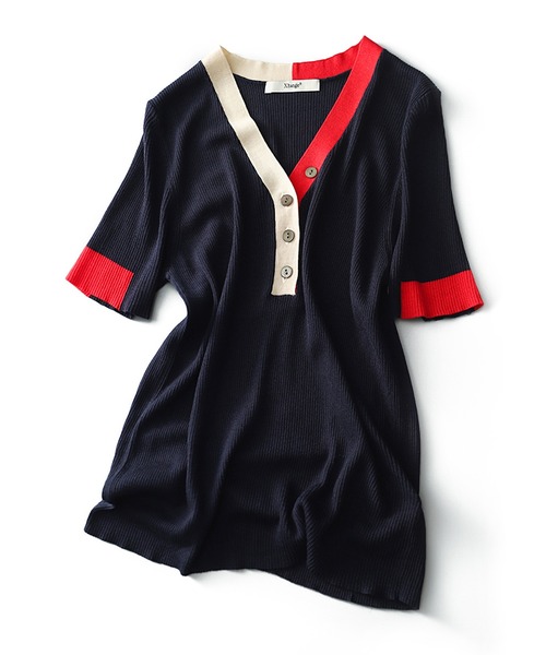 tシャツ バイカラー Vネック半袖リブトップス レディース