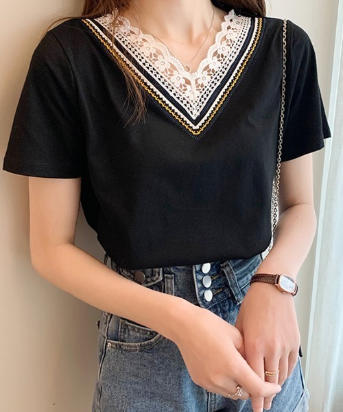 tシャツ 半袖 刺繍レース使いVネックTシャツ レディース : ZOZOTOWN