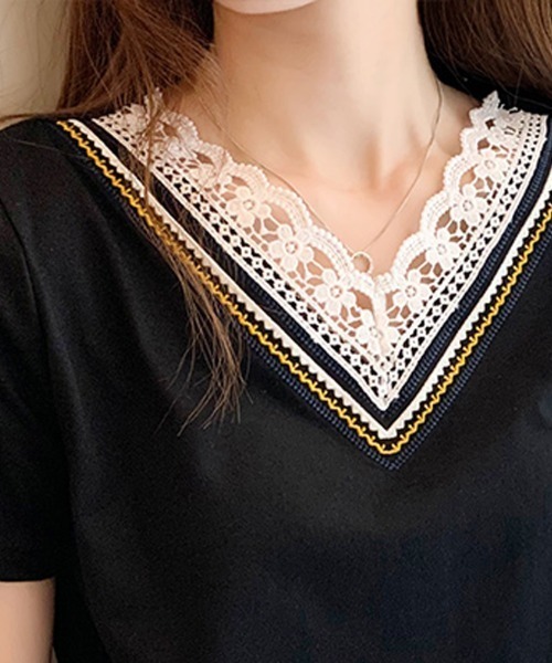 tシャツ 半袖 刺繍レース使いVネックTシャツ レディース : ZOZOTOWN