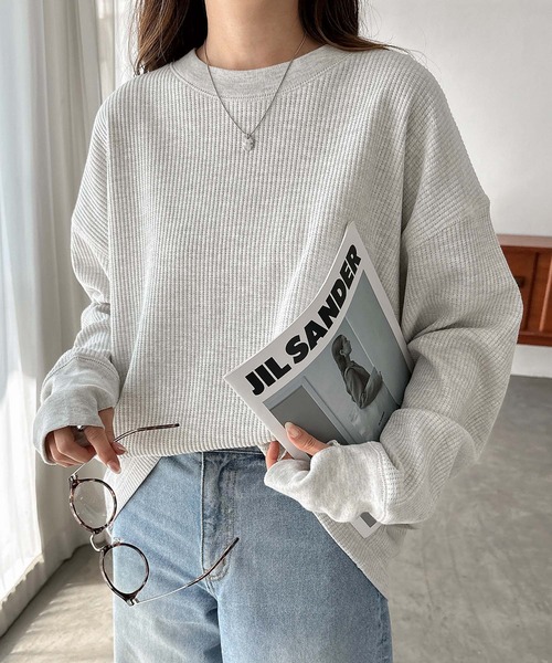 andme（アンドミー） tシャツ ワッフル指穴長袖トップス レディース