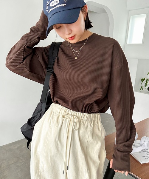 andme（アンドミー） tシャツ ワッフル指穴長袖トップス レディース