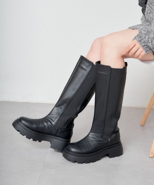 DIAＮTE ブラック サイドゴアロングブーツ DIANTE ブラック サイドゴアロングブーツ Logo heel long boots