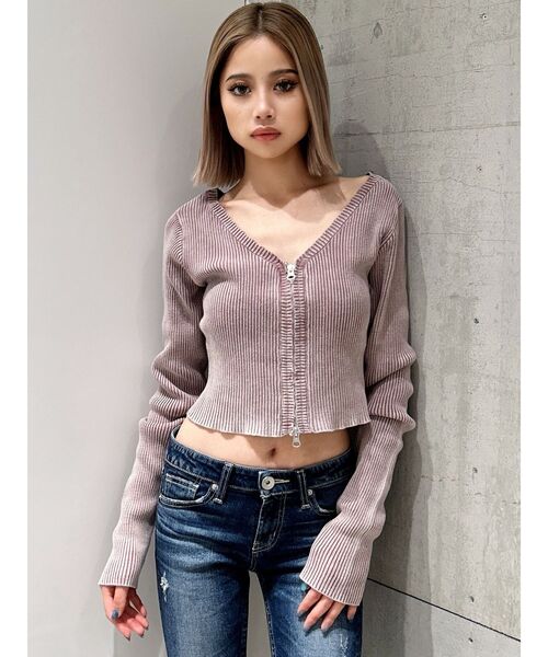 GYDAリブニットトップス GYDA ニット セーター ブリーチWファスナーリブニットトップス