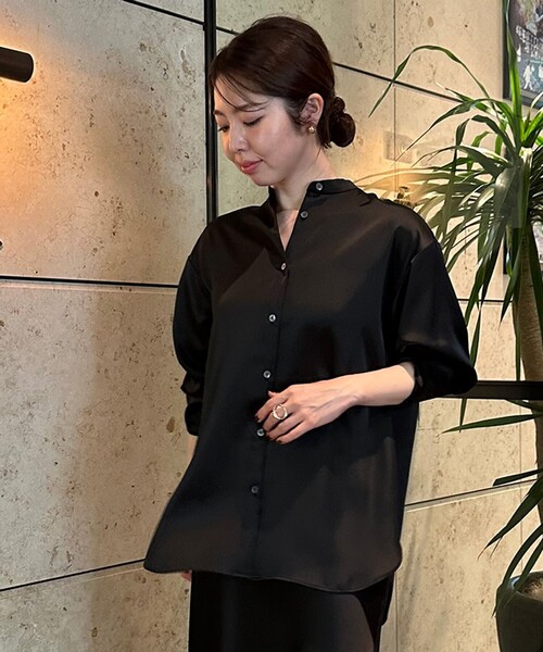 ブラウス シャツ 「洗える」サテン バンドカラーシャツ レディース UNFILO ブラウス シャツ 「洗える」サテン バンドカラーシャツ