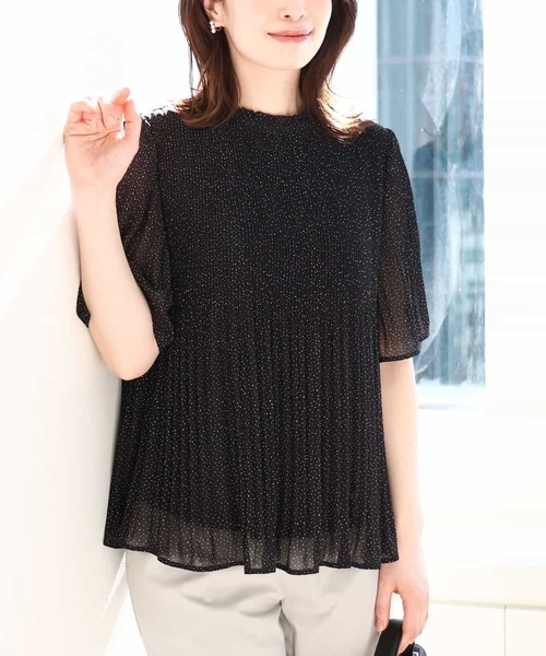 ブラウス シャツ ドット柄シフォンプリーツブラウス/WEB限定サイズあり レディース OFUON ブラウス シャツ ドット柄シフォンプリーツブラウス/WEB