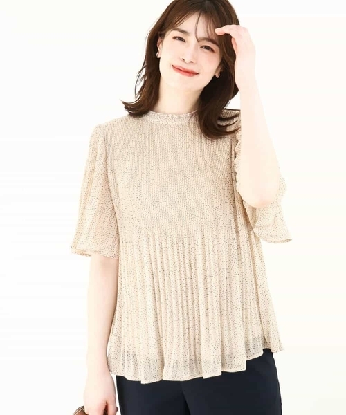 ブラウス シャツ ドット柄シフォンプリーツブラウス/WEB限定サイズあり レディース OFUON ブラウス シャツ ドット柄シフォンプリーツブラウス/WEB