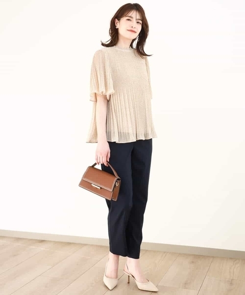 ブラウス シャツ ドット柄シフォンプリーツブラウス/WEB限定サイズあり レディース OFUON ブラウス シャツ ドット柄シフォンプリーツブラウス/WEB