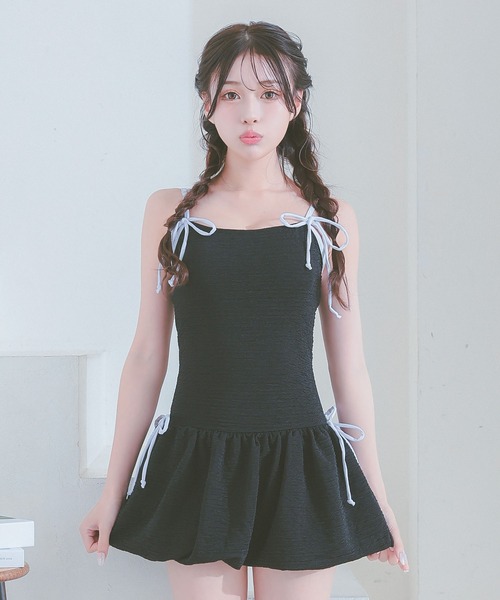 水着 ワンピース リボン 可愛い 韓国 モノトーン 黒 ロリ アシメ Tika 水着 ワンピース 体型カバー 韓国風 レディース 可愛い