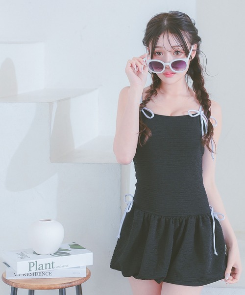 水着 ワンピース リボン 可愛い 韓国 モノトーン 黒 ロリ アシメ Tika 水着 ワンピース 体型カバー 韓国風 レディース 可愛い