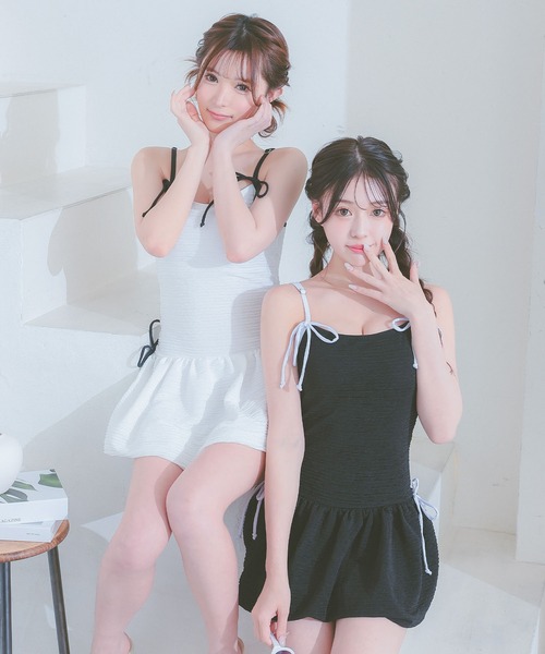 水着 ワンピース リボン 可愛い 韓国 モノトーン 黒 ロリ アシメ Tika 水着 ワンピース 体型カバー 韓国風 レディース 可愛い