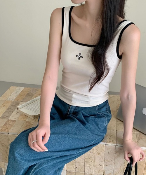 ク*リ様 45R ネイビー ノースリーブ タンクトップ　レース付き　星2つ　サイ Lace Ladies（レースレディース） タンクトップ ノースリーブ 配色