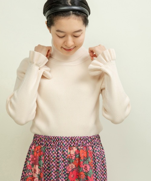 ニット セーター もちもち袖口フリル アイレットリブタートル レディース CHILD WOMAN ニット セーター もちもち袖口フリル アイレット