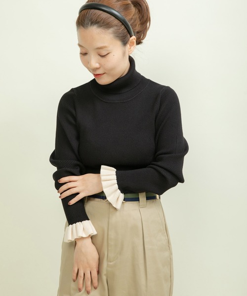 ニット セーター もちもち袖口フリル アイレットリブタートル レディース CHILD WOMAN ニット セーター もちもち袖口フリル アイレット