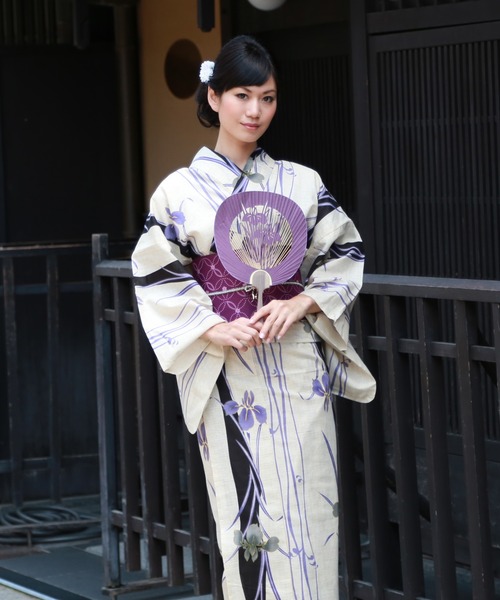 浴衣 綿麻浴衣3点セット「生成り地に青紫あやめと黒縦縞」 レディースの画像
