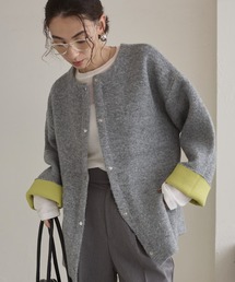 ANGIE カーディガン ノーカラー 配色 ニットコート レディース