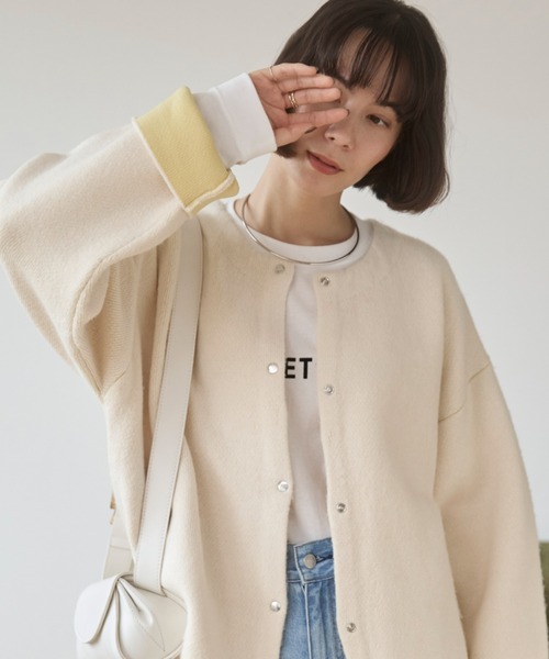 ANGIE カーディガン ノーカラー 配色 ニットコート レディース