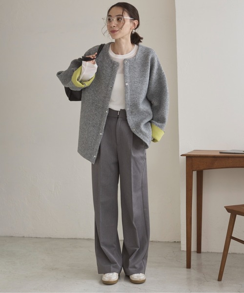 ANGIE カーディガン ノーカラー 配色 ニットコート レディース