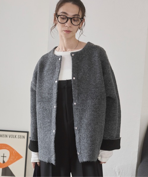 ANGIE カーディガン ノーカラー 配色 ニットコート レディース