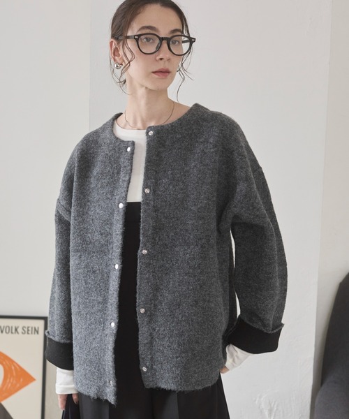 ANGIE カーディガン ノーカラー 配色 ニットコート レディース