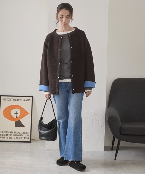 ANGIE カーディガン ノーカラー 配色 ニットコート レディース