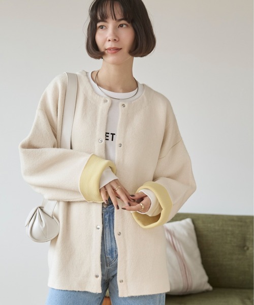 ANGIE カーディガン ノーカラー 配色 ニットコート レディース