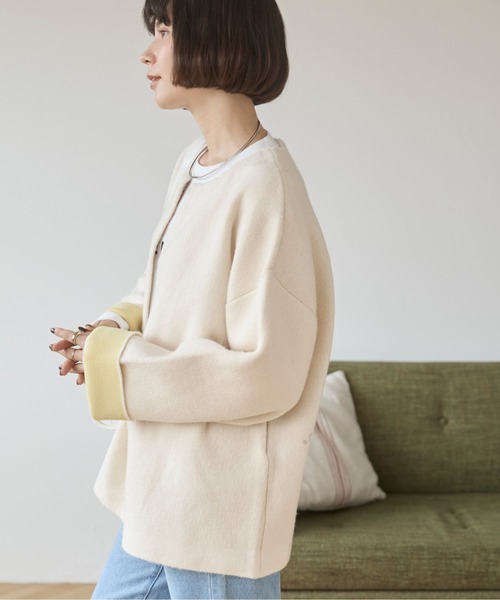 ANGIE カーディガン ノーカラー 配色 ニットコート レディース