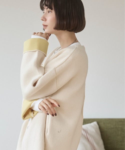 ANGIE カーディガン ノーカラー 配色 ニットコート レディース